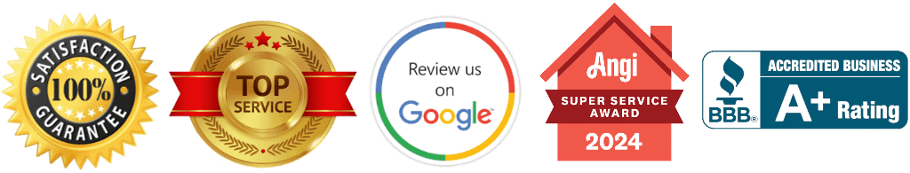Award badges for satisfaction, top service, Google reviews, Angi 2024 award, and BBB A+ rating.