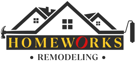 Homeworks Remodeling logo with stylized house roof and paint roller, emphasizing home renovation services.