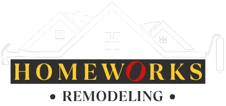 Homeworks Remodeling logo with house roof design, hammer, and paint roller, symbolizing renovation services.